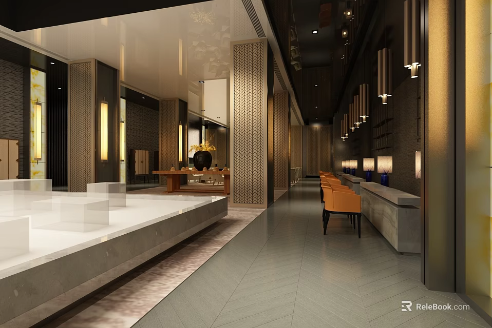 Spacious Modern Luxury Sales Office With Marble Reception Desk Wooden Decor And Pendant Lights 3d model 