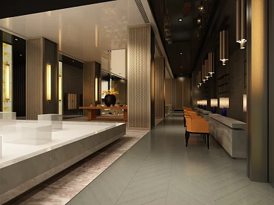 Spacious Modern Luxury Sales Office With Marble Reception Desk Wooden Decor And Pendant Lights 3d model