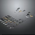 Various Model Aircraft in Different Colors and Styles Arranged in Formation
