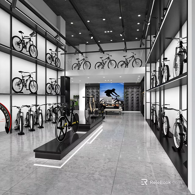 Bicycle Shop Showroom With Various Bikes Displayed On Shelves And Racks 3d model 