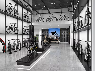 Bicycle Shop Showroom With Various Bikes Displayed On Shelves And Racks 3d model
