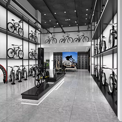 Bicycle Shop Showroom With Various Bikes Displayed On Shelves And Racks 3d model