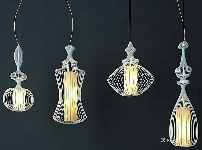 Modern Pendant Lights With Unique Wireframe Designs Illuminated On Dark Background 3d model