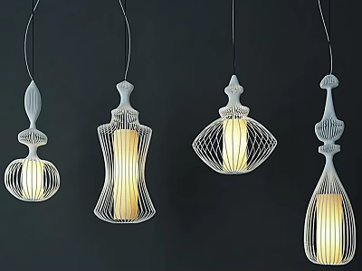 Modern Pendant Lights With Unique Wireframe Designs Illuminated On Dark Background 3d model