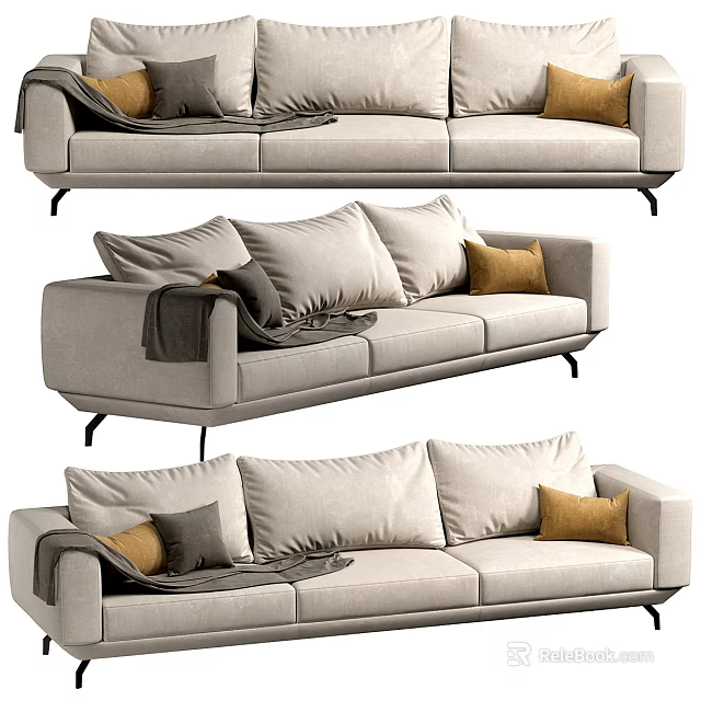 Modern Three Seater Fabric Sofa With Light Beige Throw Pillows And Decorative Blanket 3d model 