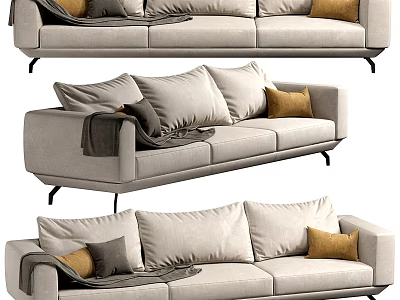Modern Three Seater Fabric Sofa With Light Beige Throw Pillows And Decorative Blanket 3d model