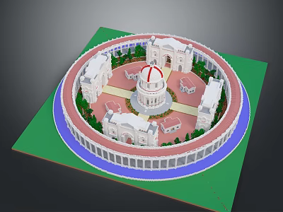3D Circular Architectural Model With Central Domed Building Symmetrical Structures Green Lawn And Surrounding Pathway 3d model