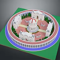 3D Circular Architectural Model With Central Domed Building Symmetrical Structures Green Lawn And Surrounding Pathway