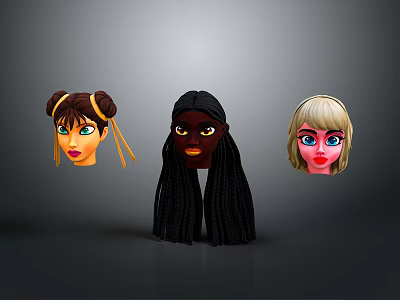 Game And Movie Character Head Designs With Brown Bun Black Braids And Blonde Short Hair 3d model