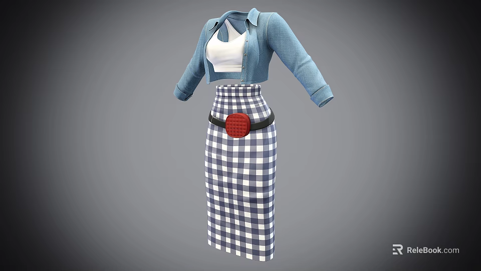 Stylish Women's Outfit With Blue Cardigan White Top Checkered Skirt And Red Buckle 3d model 