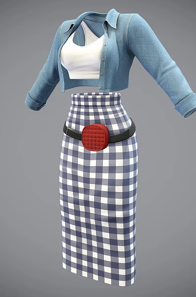 Stylish Women's Outfit With Blue Cardigan White Top Checkered Skirt And Red Buckle 3d model