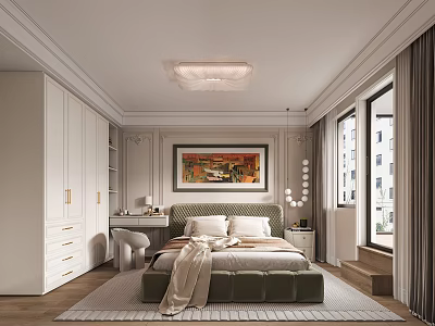 Elegant Modern Bedroom Interior With Green Bed White Wardrobes And Wall Artwork 3d model