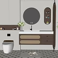 Modern Bathroom Cabinet Rack Design With Round Mirror Wooden Drawers White Countertop And Green Plant