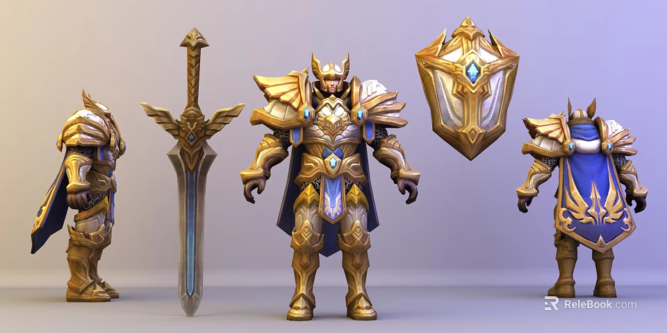 Fantasy Warrior Character in Golden Armor with Sword Shield and Ornate Details 3d model 