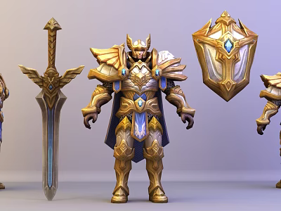 Fantasy Warrior Character in Golden Armor with Sword Shield and Ornate Details 3d model