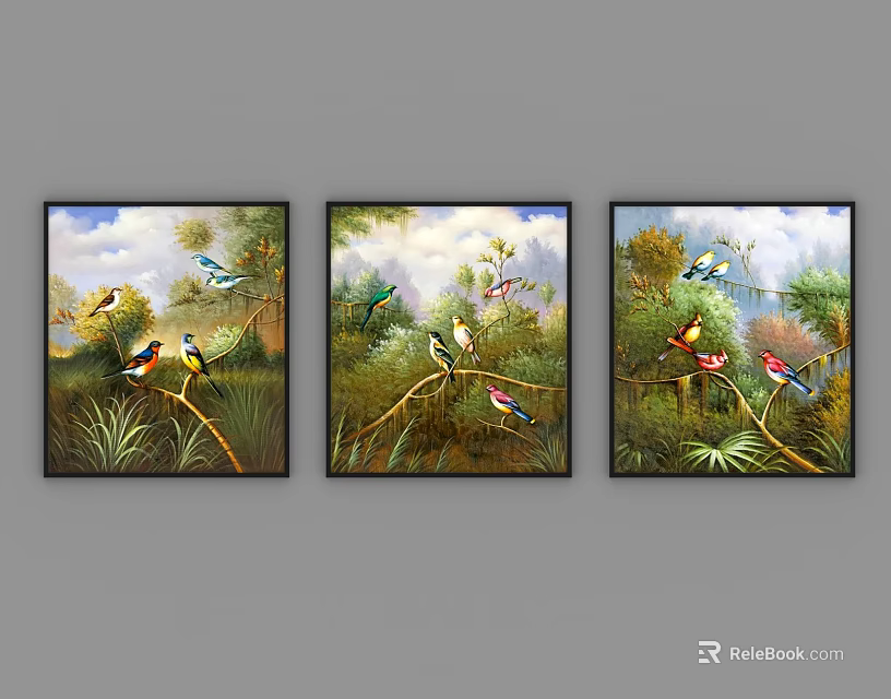 Three Decorative Paintings With Colorful Birds And Green Foliage For Wall Art 3d model 