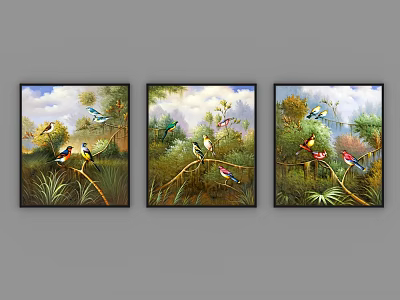 Three Decorative Paintings With Colorful Birds And Green Foliage For Wall Art 3d model