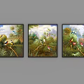 Three Decorative Paintings With Colorful Birds And Green Foliage For Wall Art