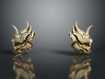 Golden Horned Mask Sculptures With Intricate Carvings And Symmetrical Placement 3d model
