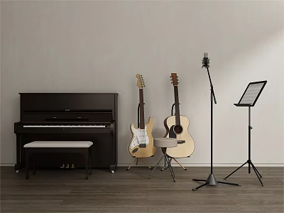 Piano Room With Black Piano Acoustic Electric Guitars Microphone And Music Stands Wooden Floor 3d model