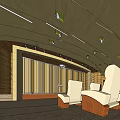 Modern Conference Room Interior With Curved Ceiling Wooden Panels White Seats And Ceiling Lights