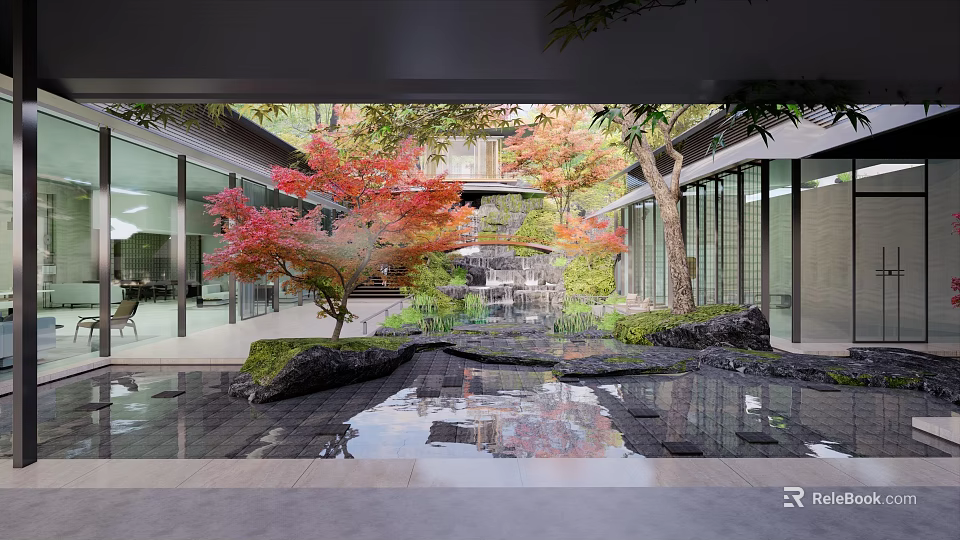 Tranquil Courtyard Garden With Red Maple Trees Water Pond Stone Decorations Glass Walls And Reflections 3d model 