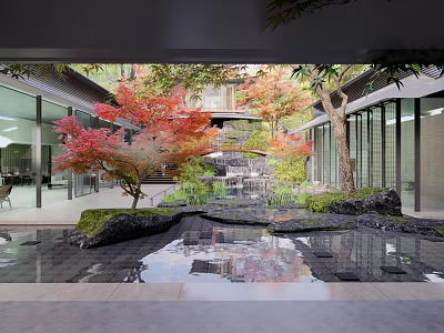 Tranquil Courtyard Garden With Red Maple Trees Water Pond Stone Decorations Glass Walls And Reflections 3d model