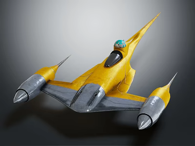 Futuristic Yellow And Silver Spaceship With Cockpit And Sharp Wings Design 3d model