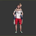 Man Carrying Woman on Back Wearing White T-shirt Red Shorts and Green Shoes