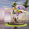 Colorful Geometric Sculpture With Golden Flowing Lines Human Figure Base And Palm Trees Water Feature