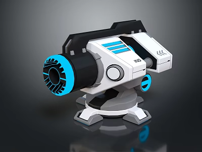Sci Fi Mechanical Weapon With White Blue Black Color Scheme Rotating Turbine And Stable Base 3d model