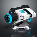 Sci Fi Mechanical Weapon With White Blue Black Color Scheme Rotating Turbine And Stable Base