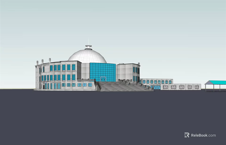 Museum Building Featuring White Dome Blue Glass Facade And Multi Story Design 3d model 