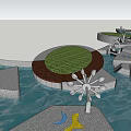 Garden Ornament Design With Water Feature Stone Platform Green Grass And White Spherical Decorations