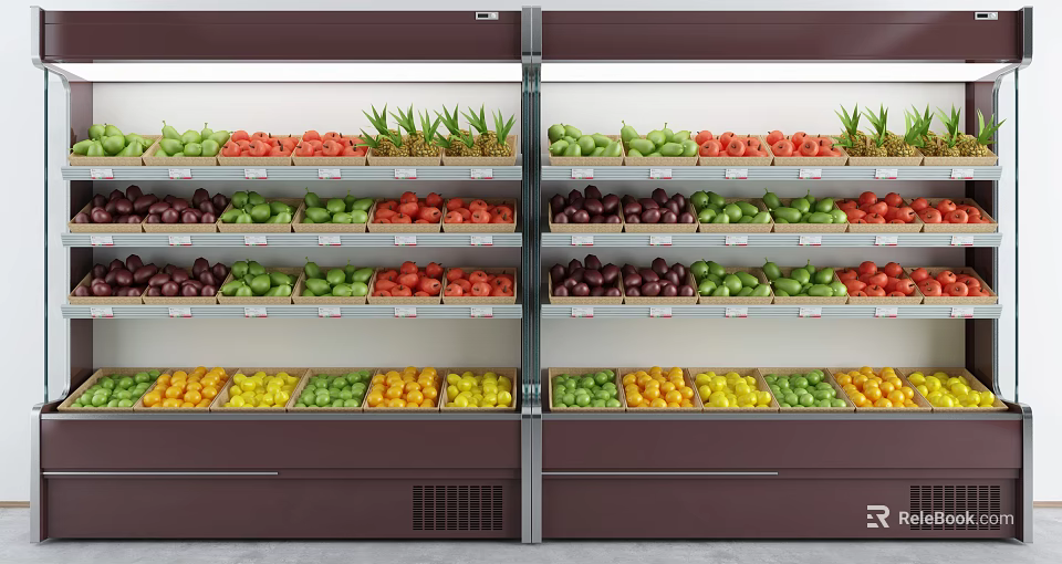 Refrigerated Retail Display Shelving With Fresh Fruits Vegetables On Organized Illuminated Layers 3d model 