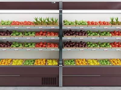 Refrigerated Retail Display Shelving With Fresh Fruits Vegetables On Organized Illuminated Layers 3d model