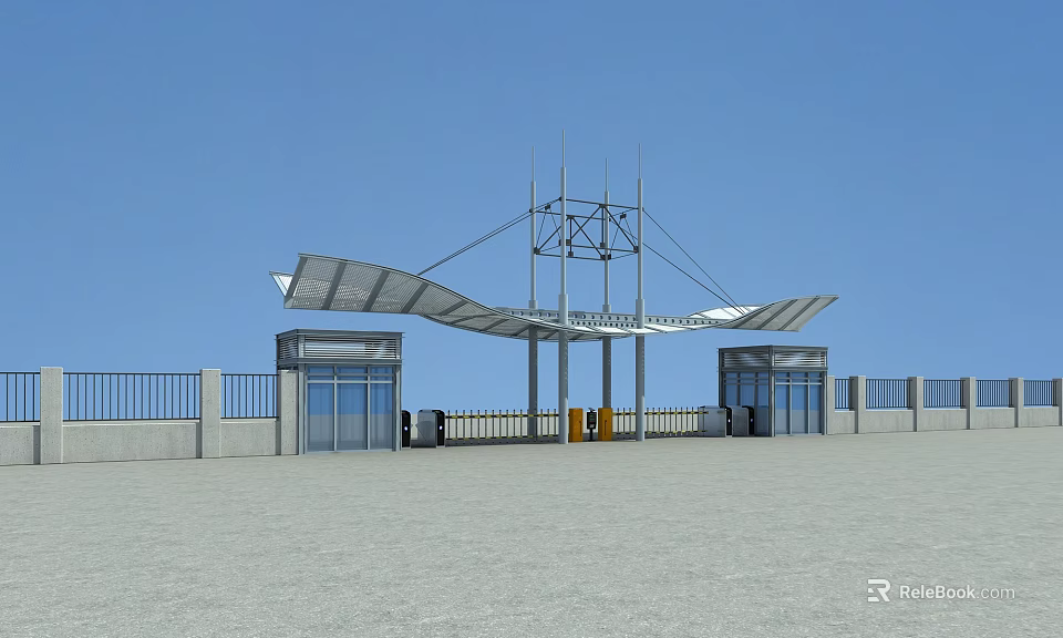 Modern Entrance Gate With Metal Canopy Structure Glass Doors And Railings 3d model 