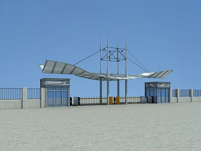 Modern Entrance Gate With Metal Canopy Structure Glass Doors And Railings 3d model