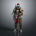 Epic Game Movie Character With Metallic Armor Red Cape Golden Accents And Spear