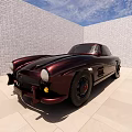 Vintage Maroon Sports Car On Light Tiled Floor With White Brick Wall And Blue Sky