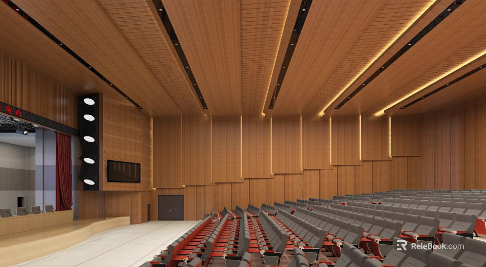 Spacious Auditorium Interior With Wooden Walls Ceiling Gray Seats Red Accents And Stage Equipment 3d model 