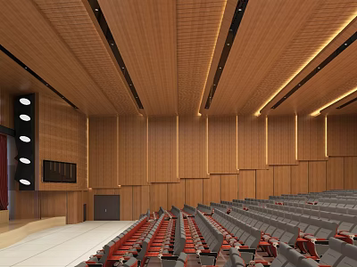 Spacious Auditorium Interior With Wooden Walls Ceiling Gray Seats Red Accents And Stage Equipment 3d model