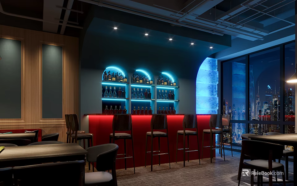 Modern Restaurant Interior With Red Bar Counter High Stools Neon Lights And Large Windows 3d model 