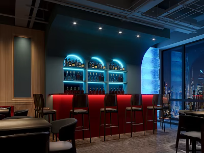 Modern Restaurant Interior With Red Bar Counter High Stools Neon Lights And Large Windows 3d model