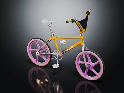 Stylish Yellow Bicycle With Pink Wheels White Seat And Black Yellow Handlebars 3d model