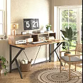 Rustic Wooden Office Desk With Black Metal Frame Monitor Digital Clock Table Lamp And Potted Plants