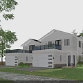 Modern Two Story Single Family Home With White Exterior Attached Garage Front Lawn And Trees