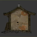 Old Chinese Cottage Model with Broken Roof Tiles Wooden Mud Walls Windows and Weeds