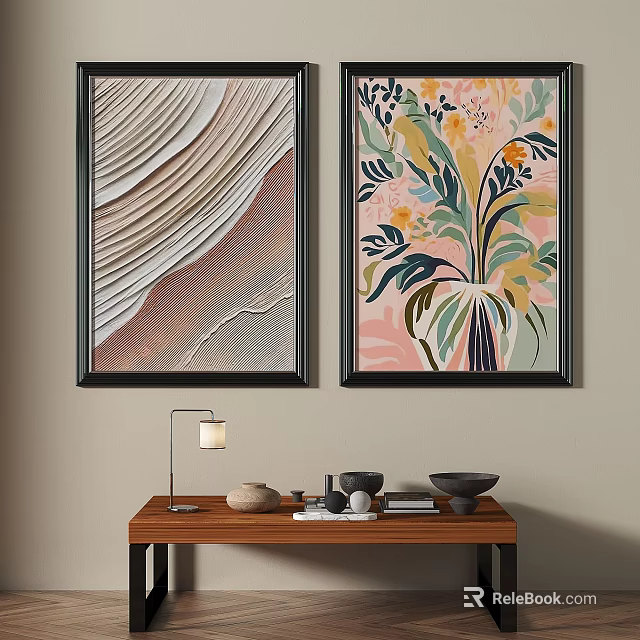 Framed Botanical Painting With Pink Background Green Leaves And Yellow Flowers On Interior Wall 3d model 
