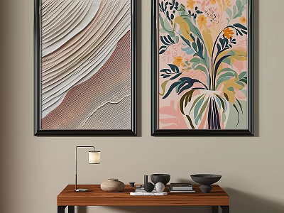 Framed Botanical Painting With Pink Background Green Leaves And Yellow Flowers On Interior Wall 3d model
